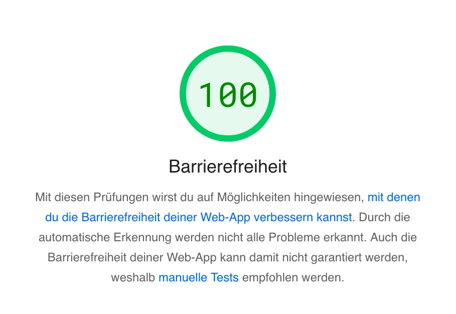 Das Bild zeigt das Ergebnis (100%) der Lighthouse Analyse über Barrierefreiheit, durchgeführt für die Webseite von Blueberry IT, einem Unternehmen für barrierefreies Webdesign