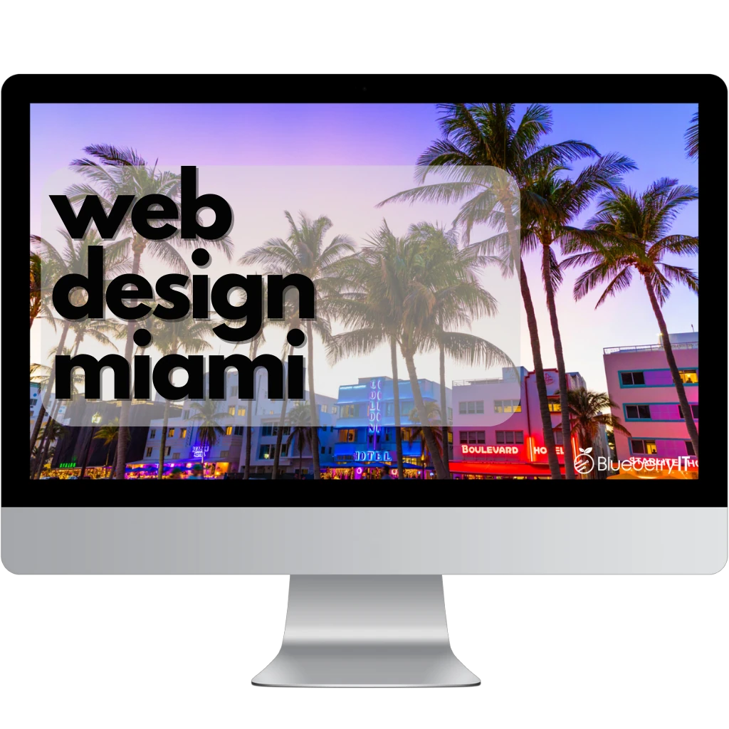 Das Bild zeigt einen Computerbildschirm mit einer geöffneten Webseite. Im Hintergrund erkennt man den berühmten Ocean Drive von Miami bei Sonnenuntergang. Der Schriftzug "Webdesign Miami" symbolisiert die hochwertigen Leistungen der Agentur Blueberry IT.
